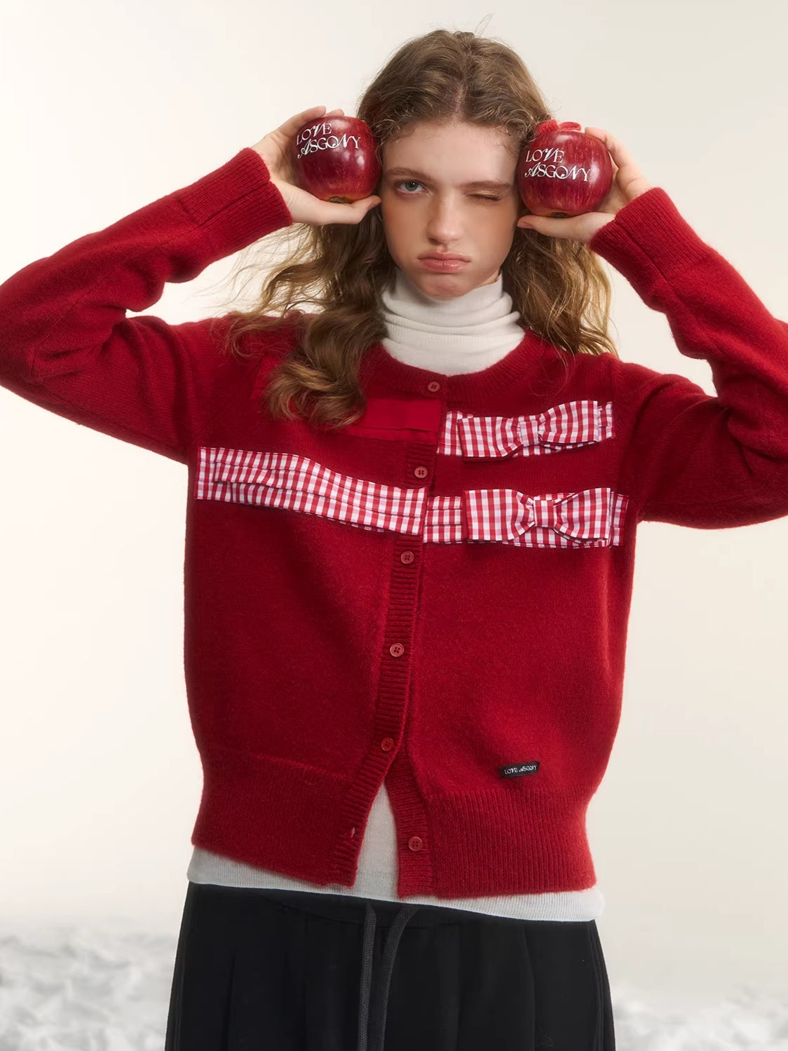 Vintage Checkered Patchwork Bow Knit Cardigan