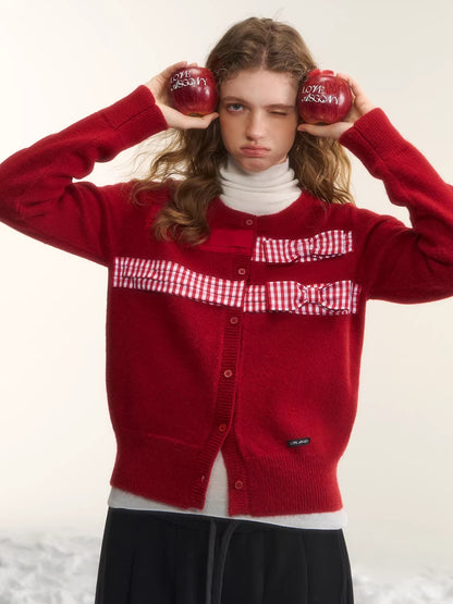 Vintage Checkered Patchwork Bow Knit Cardigan