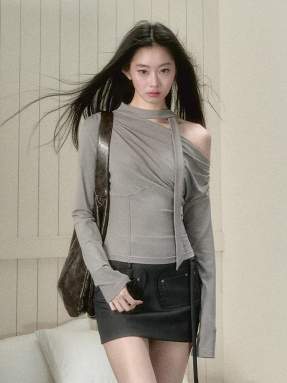 Gray &amp; Black Ruched Draped Asymmetric Blouse