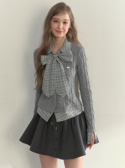 Retro Bow-Tie Preppy Layered Cable Knit Cardigan
