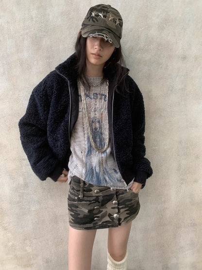 Distressed Fleece Zip-Up Cropped Jacket