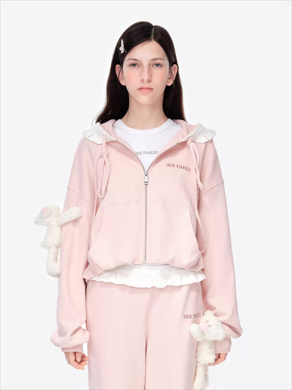 Ruffled Hooded Zip-Up Cropped Sweatshirt