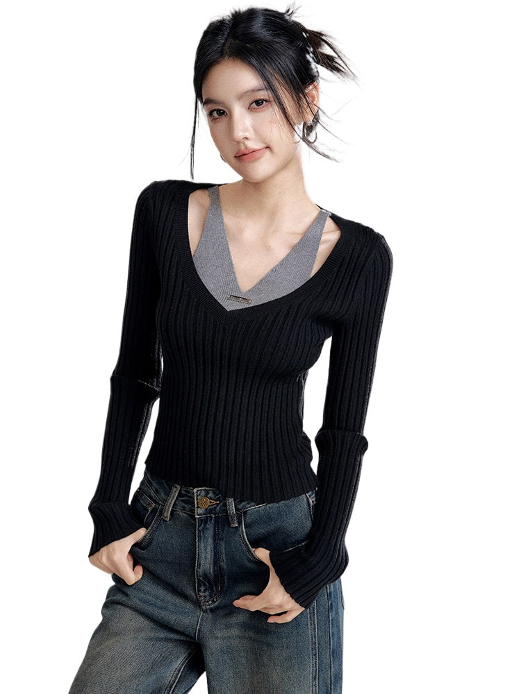 Faux Two-Piece Hollow Knit Top