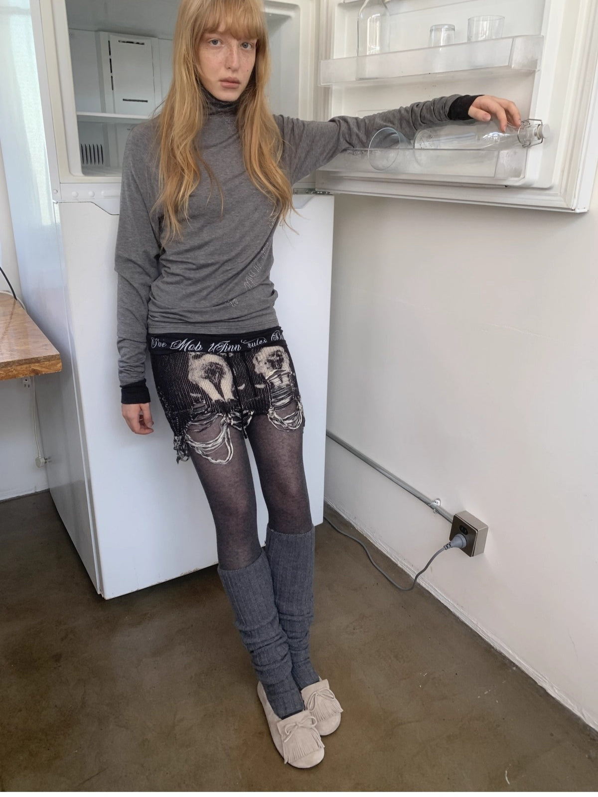 Cat Print Distressed Knit Mini Skirt