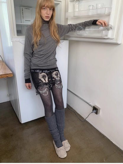 Cat Print Distressed Knit Mini Skirt