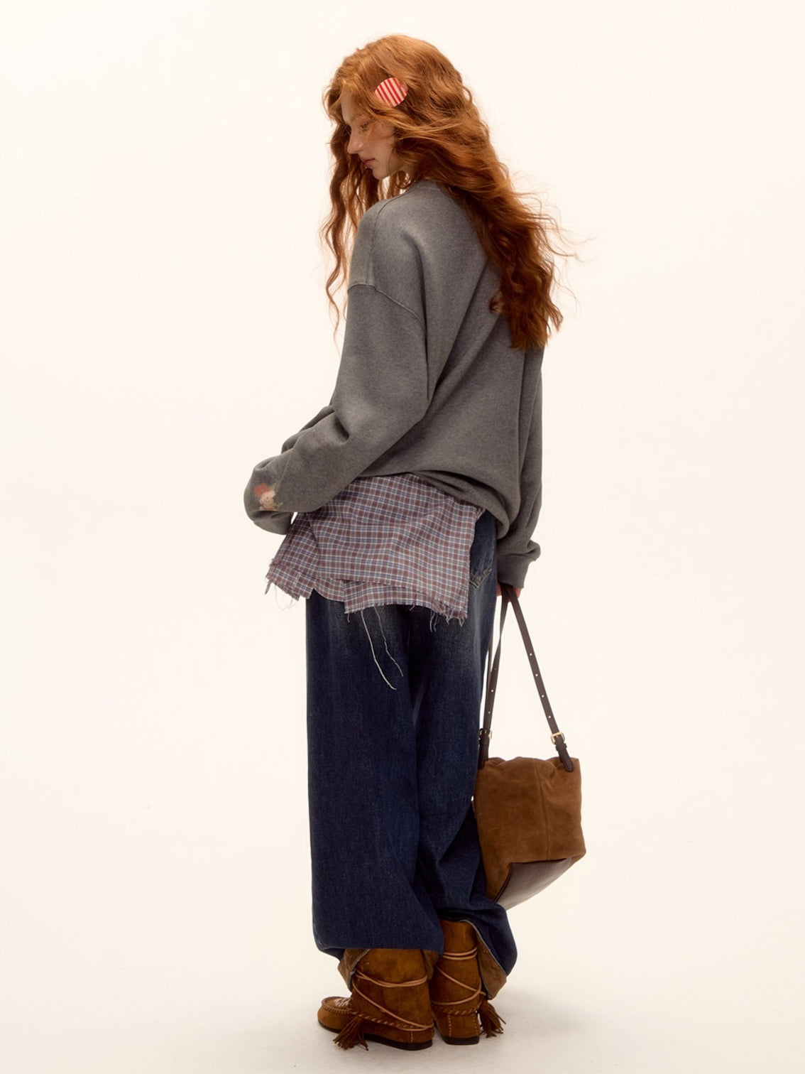 Suede-Panel Washed Denim Wide-Leg Jeans