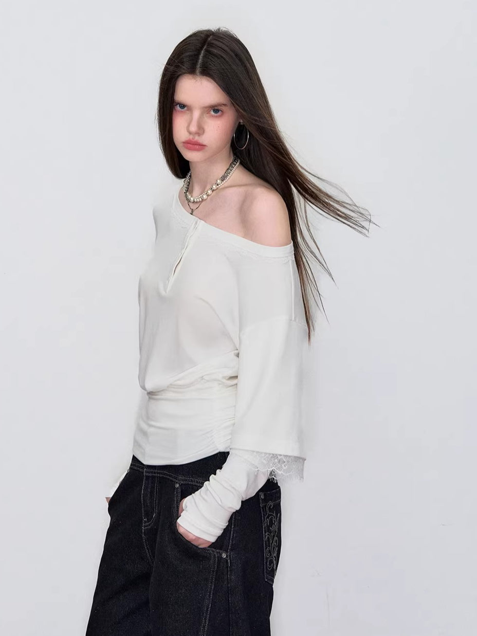 Asymmetric Lace-Panel Faux Layered T-Shirt