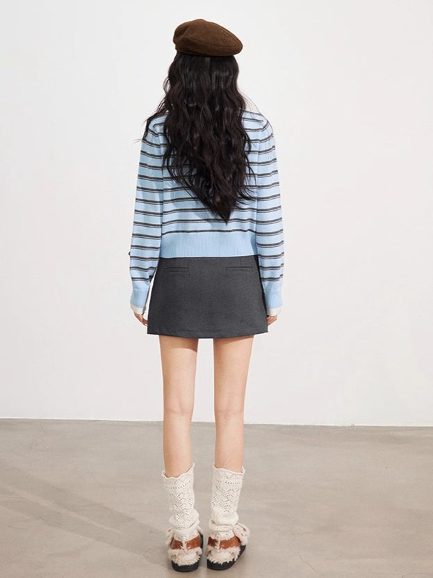 Striped Layered-Effect V-Neck Knit Cardigan