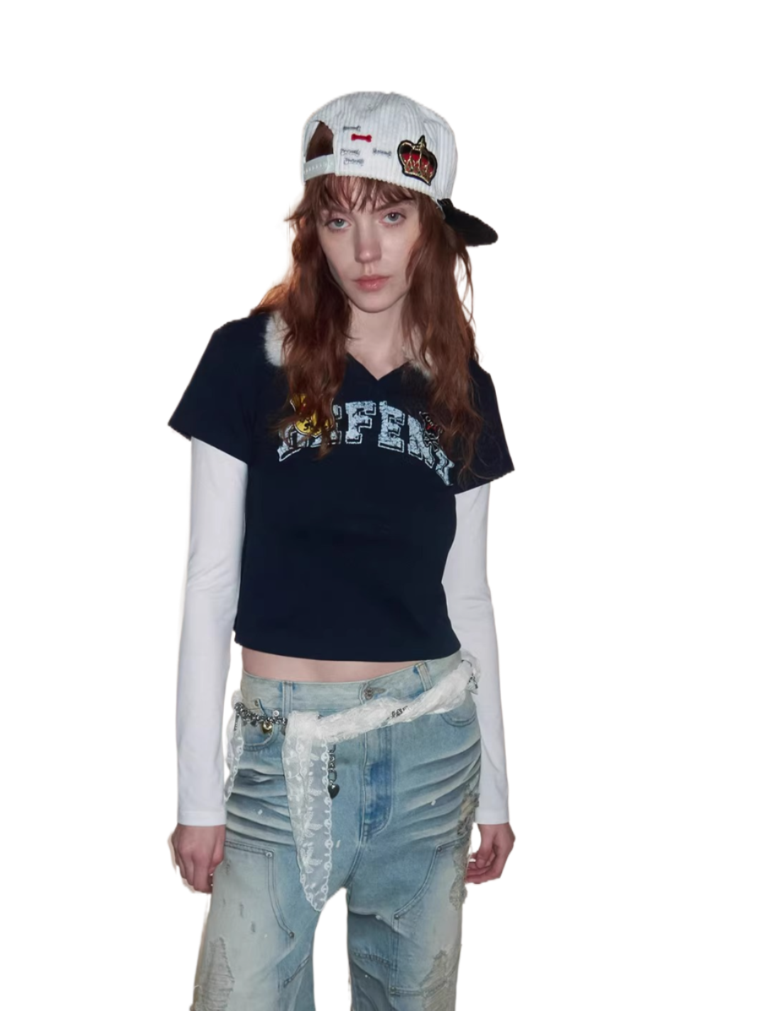 Layered Polo Long Sleeve Top with Faux Fur Collar