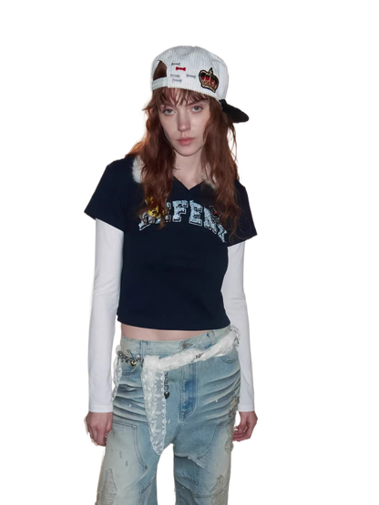 Layered Polo Long Sleeve Top with Faux Fur Collar