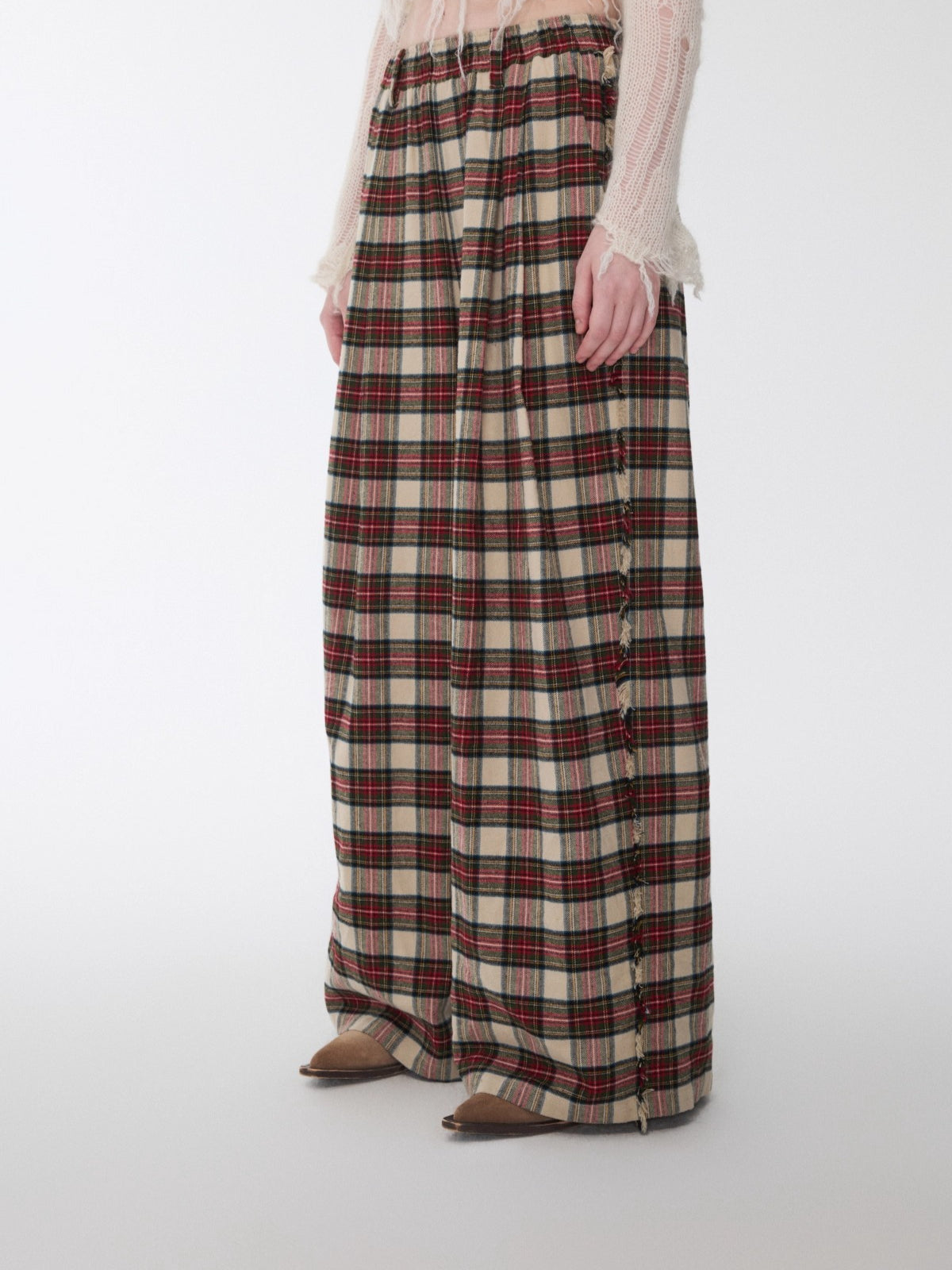 Vintage Red Plaid Brushed Cotton Wide-Leg Pants