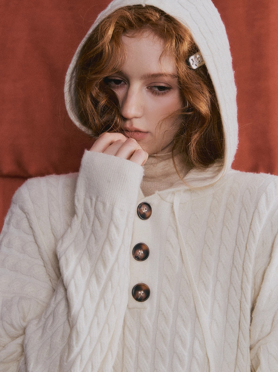 Wool Blend Cable Knit Hoodie &amp; Wide-Leg Pants Set