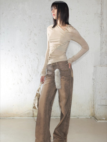 Tencel Wool Lace-Trim Pleated Fitted Crewneck