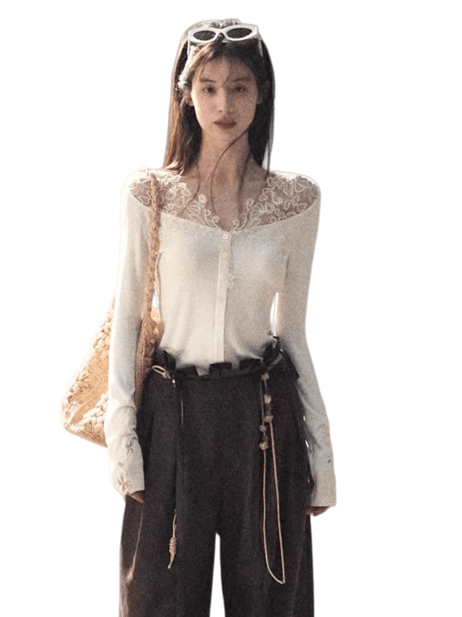 Sculpted Lace-Trim V-Neck Fitted Knit Cardigan