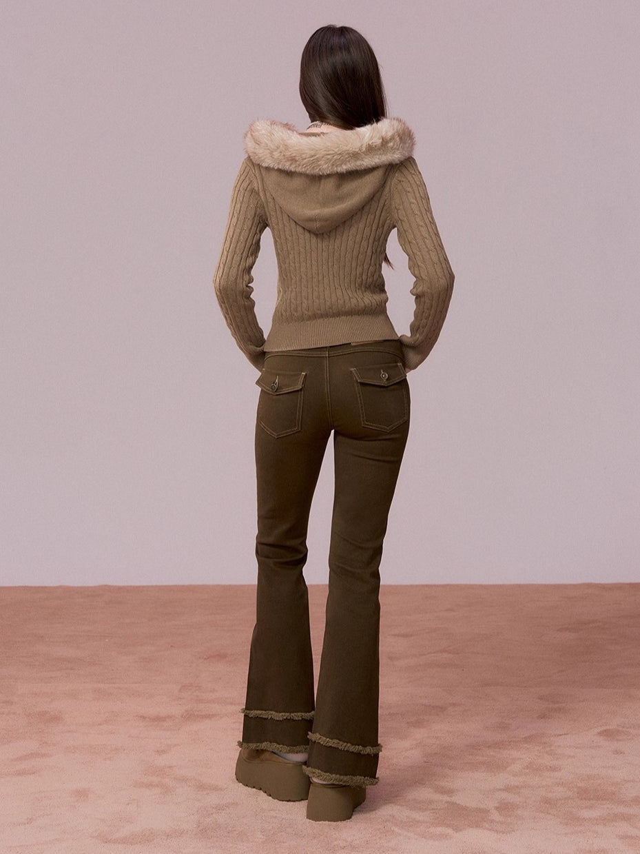 Faux-Fur Collar Cable-Knit Cardigan