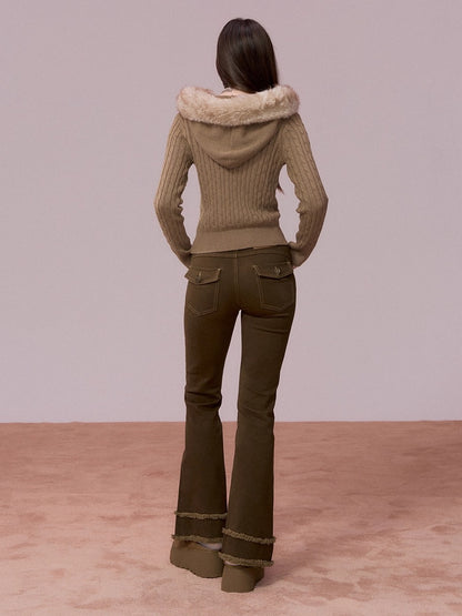 Faux-Fur Collar Cable-Knit Cardigan