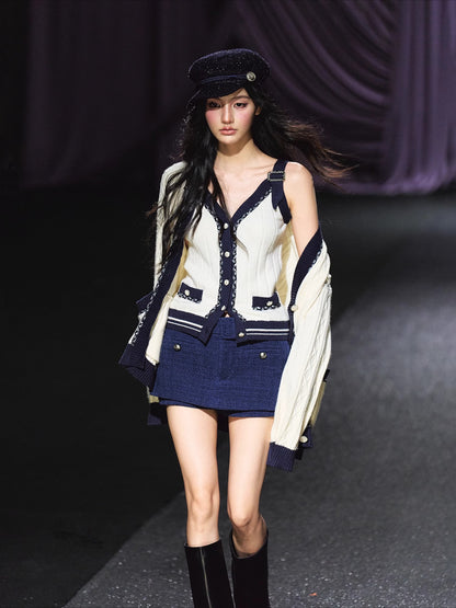 Contrast-Trim Knit Cardigan &amp; Vest Set