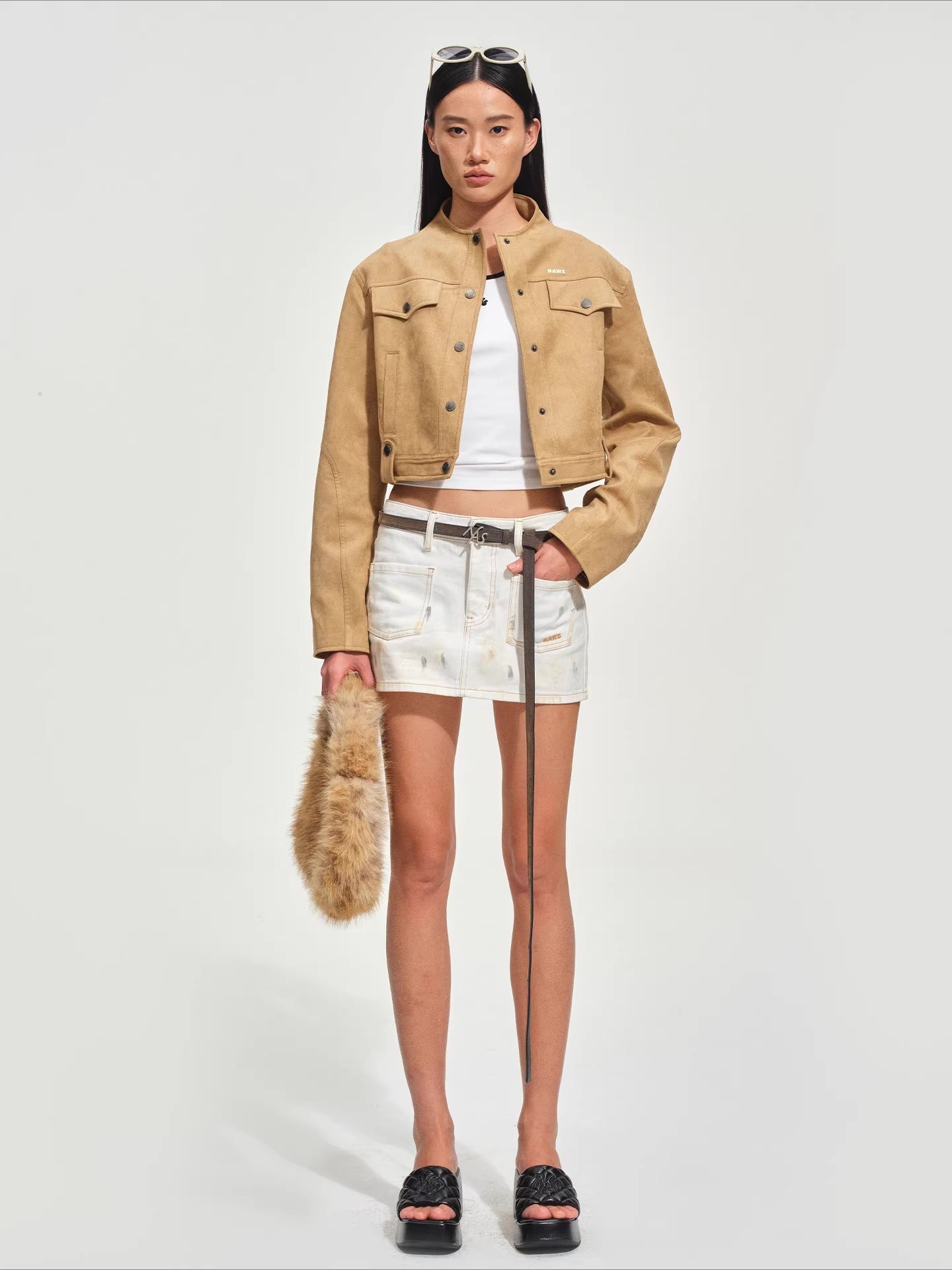 Soft Faux Suede Stand-Collar Cropped Jacket