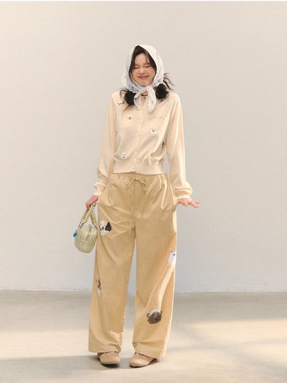 Dog Embroidery Crew Neck Knit Cardigan