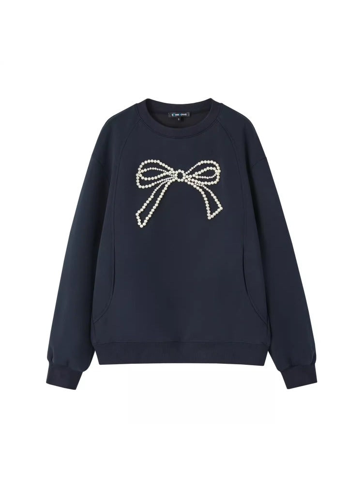 Gray &amp; Navy Blue Butterfly Knot Beaded Pullover Sweatshirt