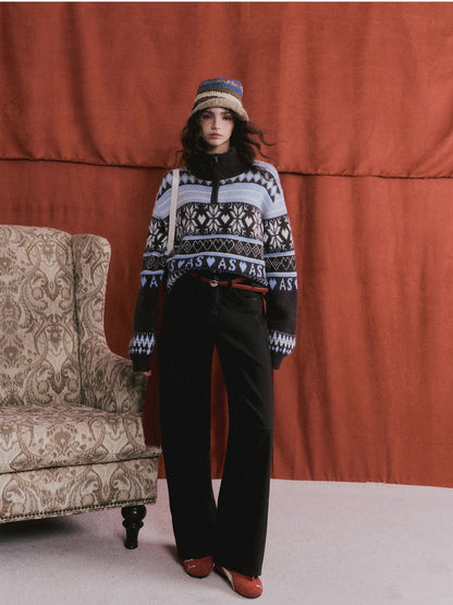 Vintage Fair Isle Half-Zip Fringe Hem Sweater