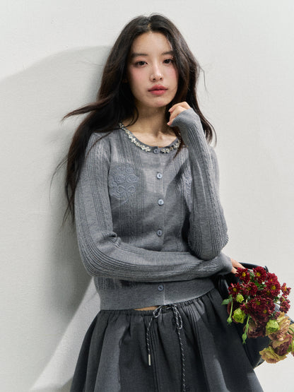 Handmade Rhinestone Collar Rose-Embroidered Knitted Cardigan - CHINASQUAD