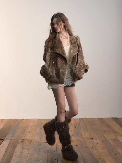 Textured Faux Fur Oversized Lapel Jacket