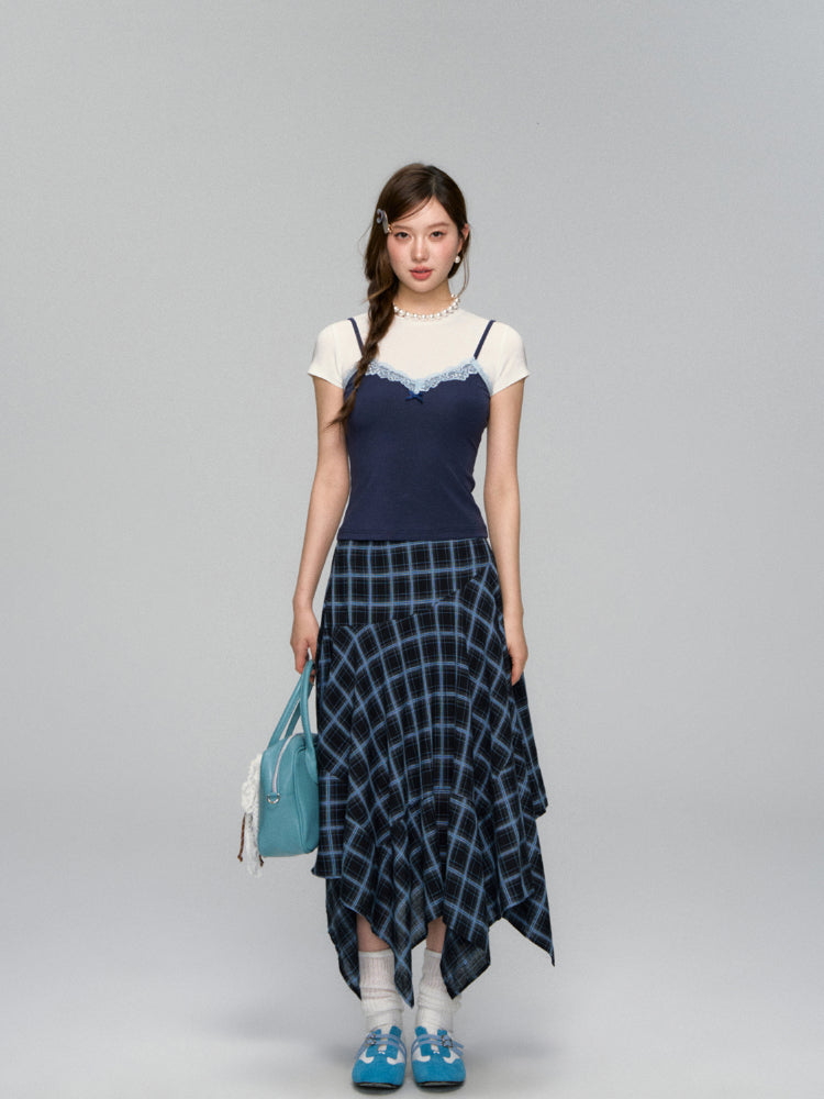 Fake Two Piece Lace Bow Short-Sleeve T-shirt
