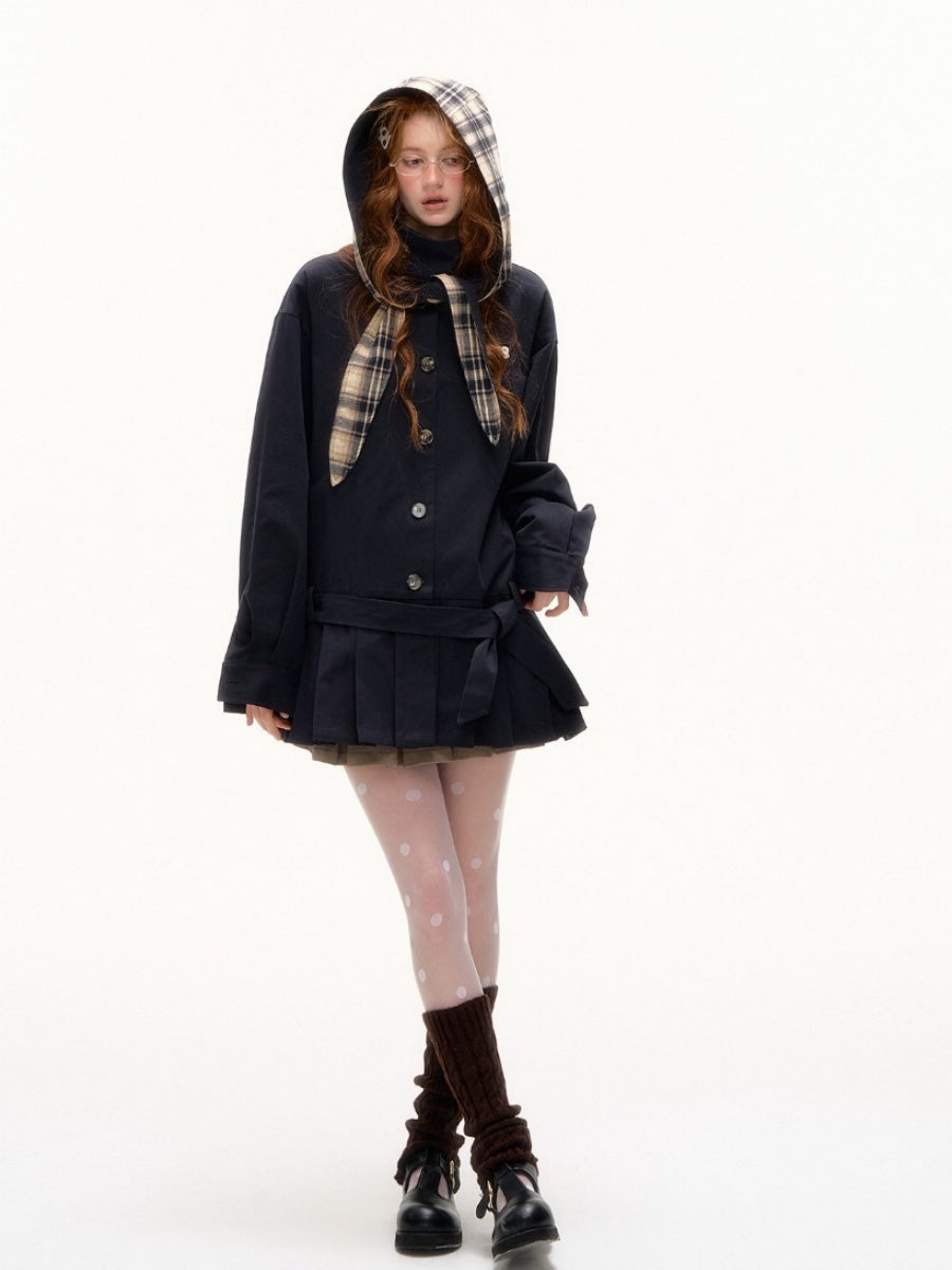 Detachable Bunny-Ear Pleated Trench Coat