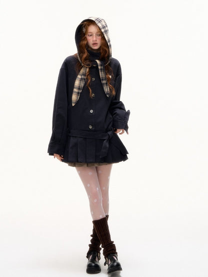Detachable Bunny-Ear Pleated Trench Coat