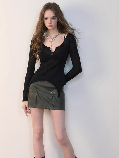 Irregular Knit Waist-Cinched Long-Sleeve Tee