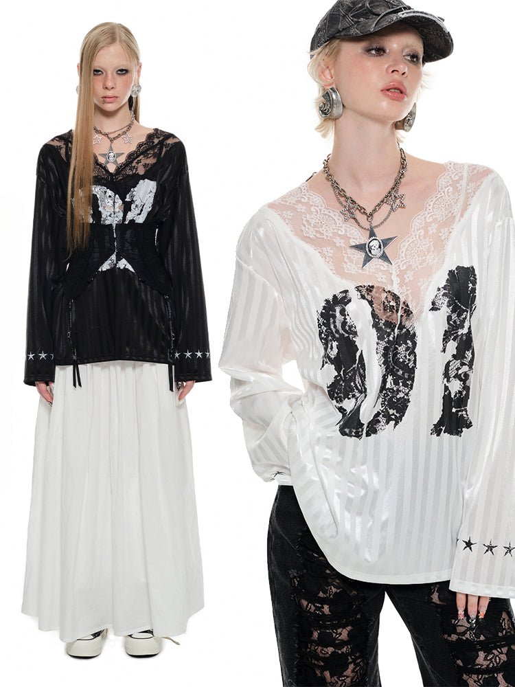 Black &amp; White Lace-trimmed V-neck Satin Jersey