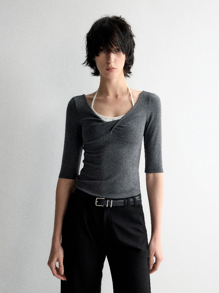 Twist Neck Waist-Tying T-shirt