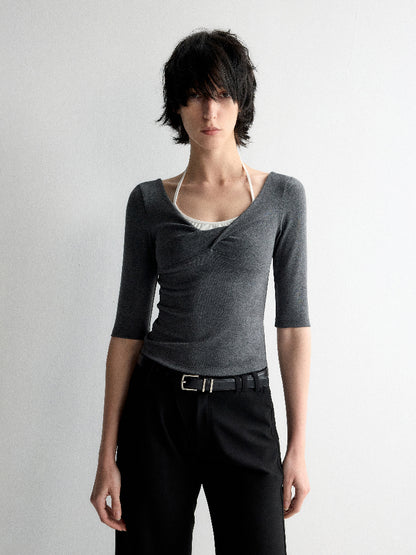 Twist Neck Waist-Tying T-shirt