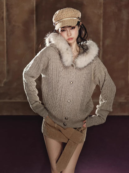 Shimmer Cable-Knit Hooded Cardigan