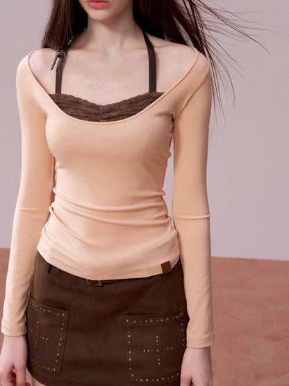 Lace-Panel Contrast Fitted Knit T-Shirt