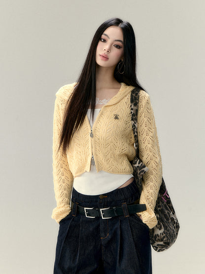 Double Collar Hollow Short Knitted Cardigan