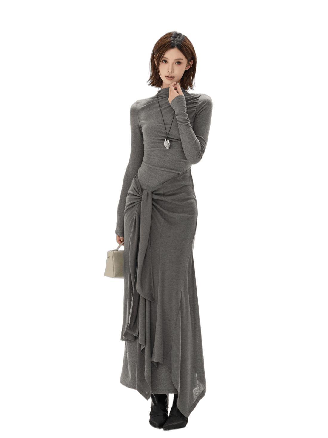 Half-High Neck Tie-Detail Knit Maxi Dress