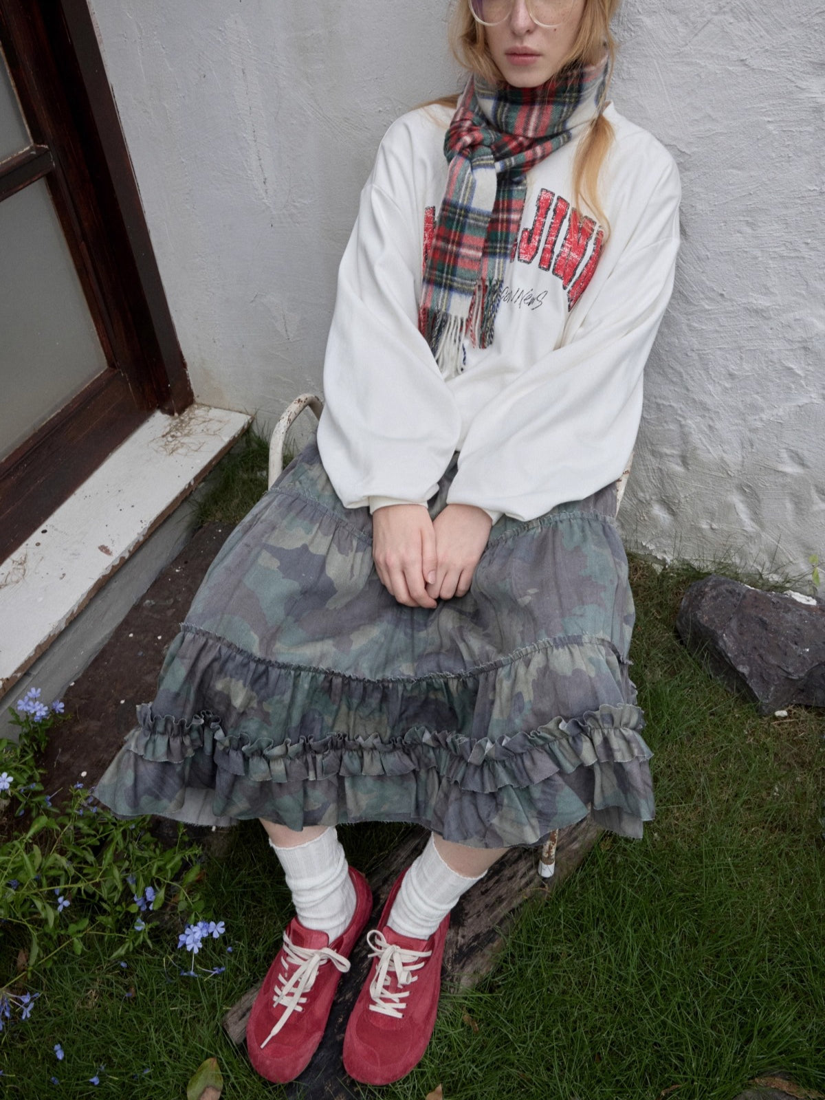 Camouflage Raw-Edge Ruched Layered Skirt