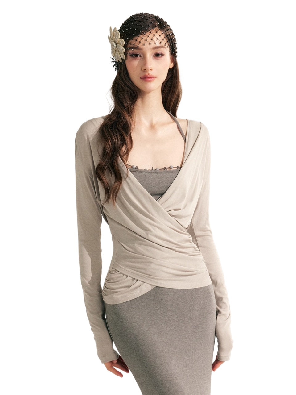 Modal Tencel V-Drape Ruched Blouse