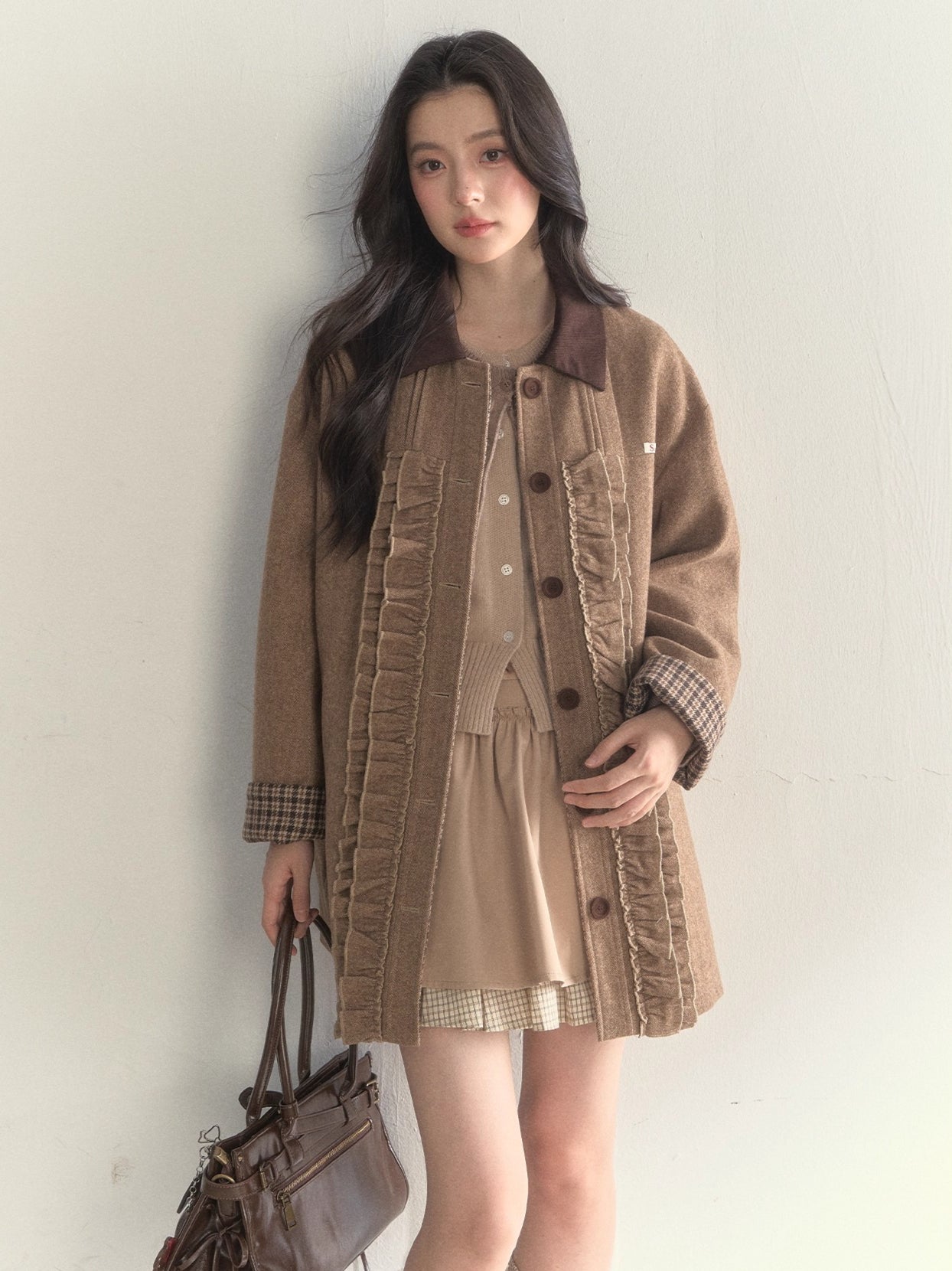 Vintage Khaki Wool Blend Ruffle-Trim Coat