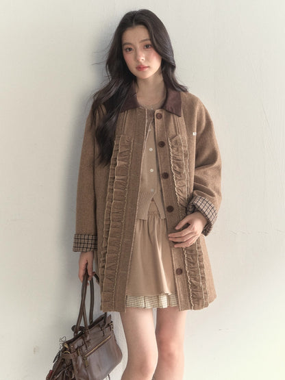 Vintage Khaki Wool Blend Ruffle-Trim Coat
