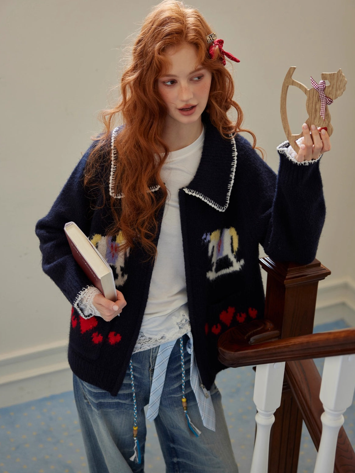 Contrast-Trim Pony Jacquard Zip-Up Knit Cardigan