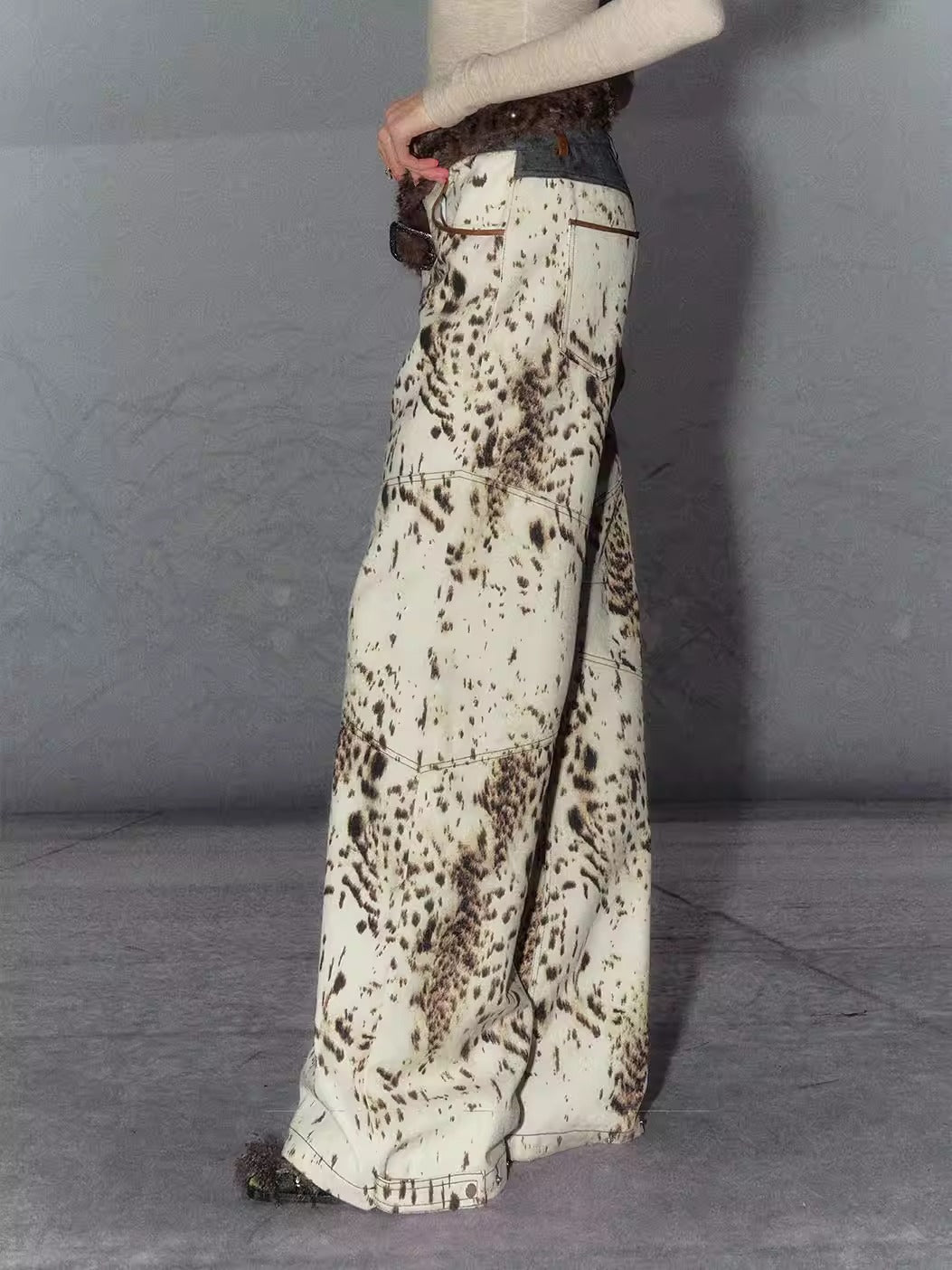 American Leopard Print Wide-Leg Denim Pants