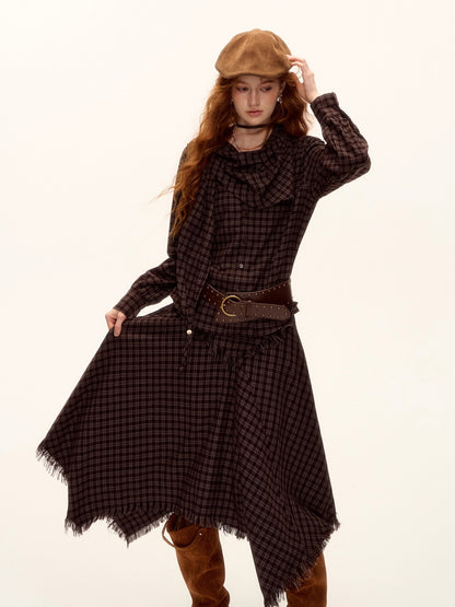 Frayed Hem Plaid Studded Belt Asymmetric A-Line Midi Skirt