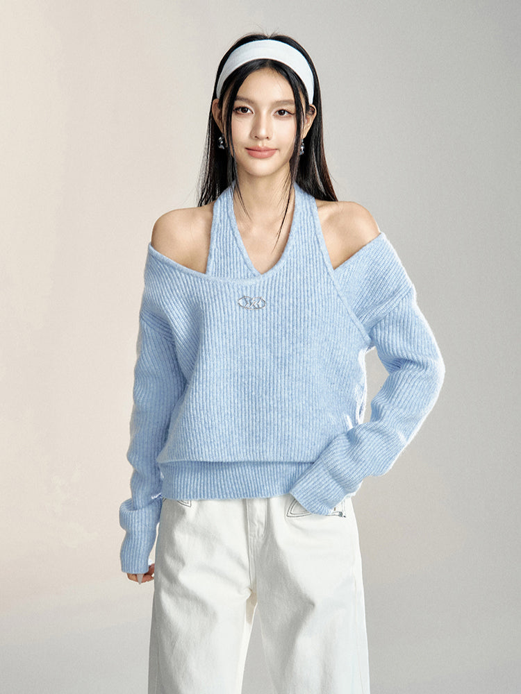 Beige &amp; Blue Asymmetric Cut-out Sweater