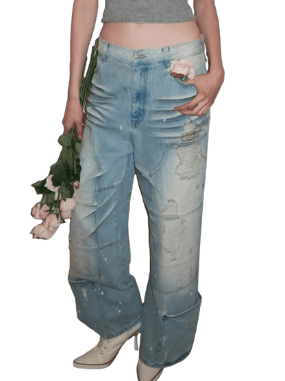 Washed Distressed Low-Rise Straight-Leg Jeans
