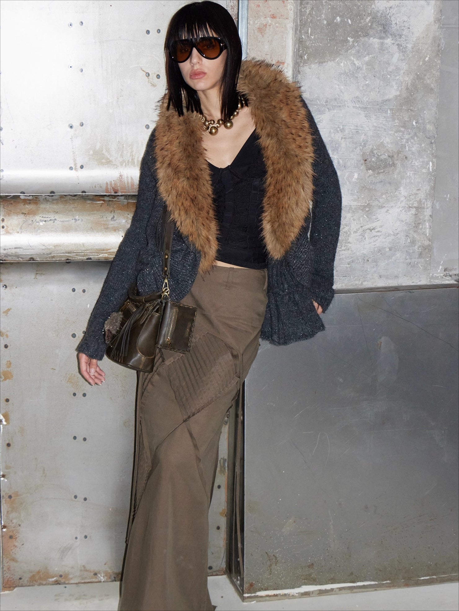 Oversized Wool-Collar Knit Cardigan Coat