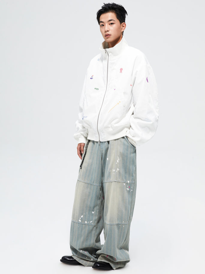 Splattered Wash Stripe Texture Workwear Denim Pants