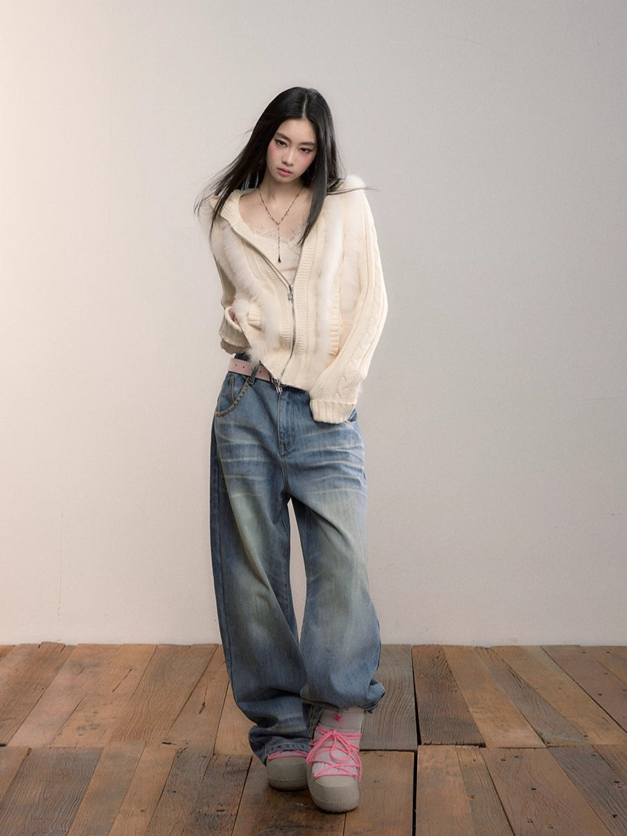 Fox Fur Trim Hooded Knit Cardigan